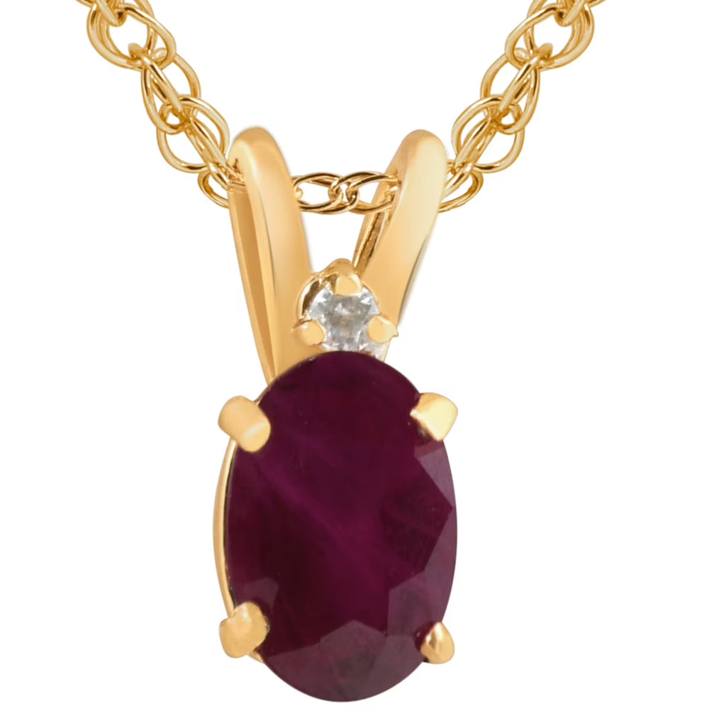Oval Ruby & Diamond Solitaire Pendant 14 KT Yellow Gold With 18" Chain T911