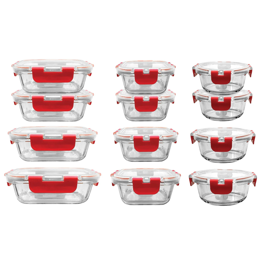 24-Piece Glass Food Storage Set with Locking Hinge Red Lids Y698
