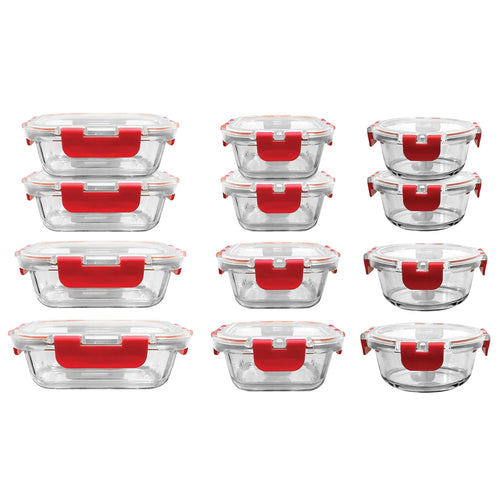 24-Piece Glass Food Storage Set with Locking Hinge Red Lids Y698