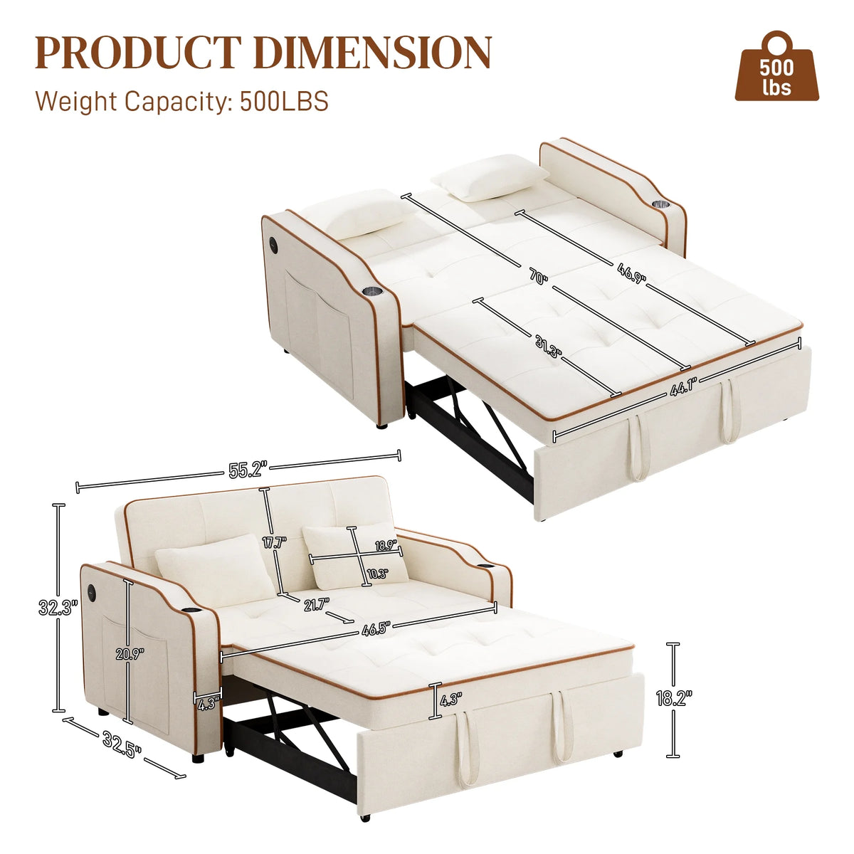 3 in 1 Convertible Sleeper Sofa Couch with Pullout Bed A350804