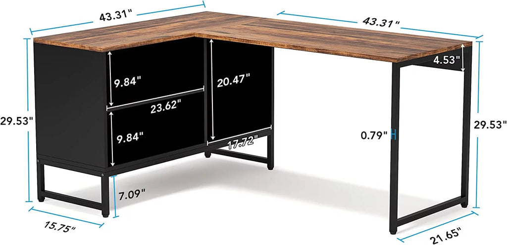 L Shaped Desk with File Cabinet 59 inch Black Rustic Brown E48078