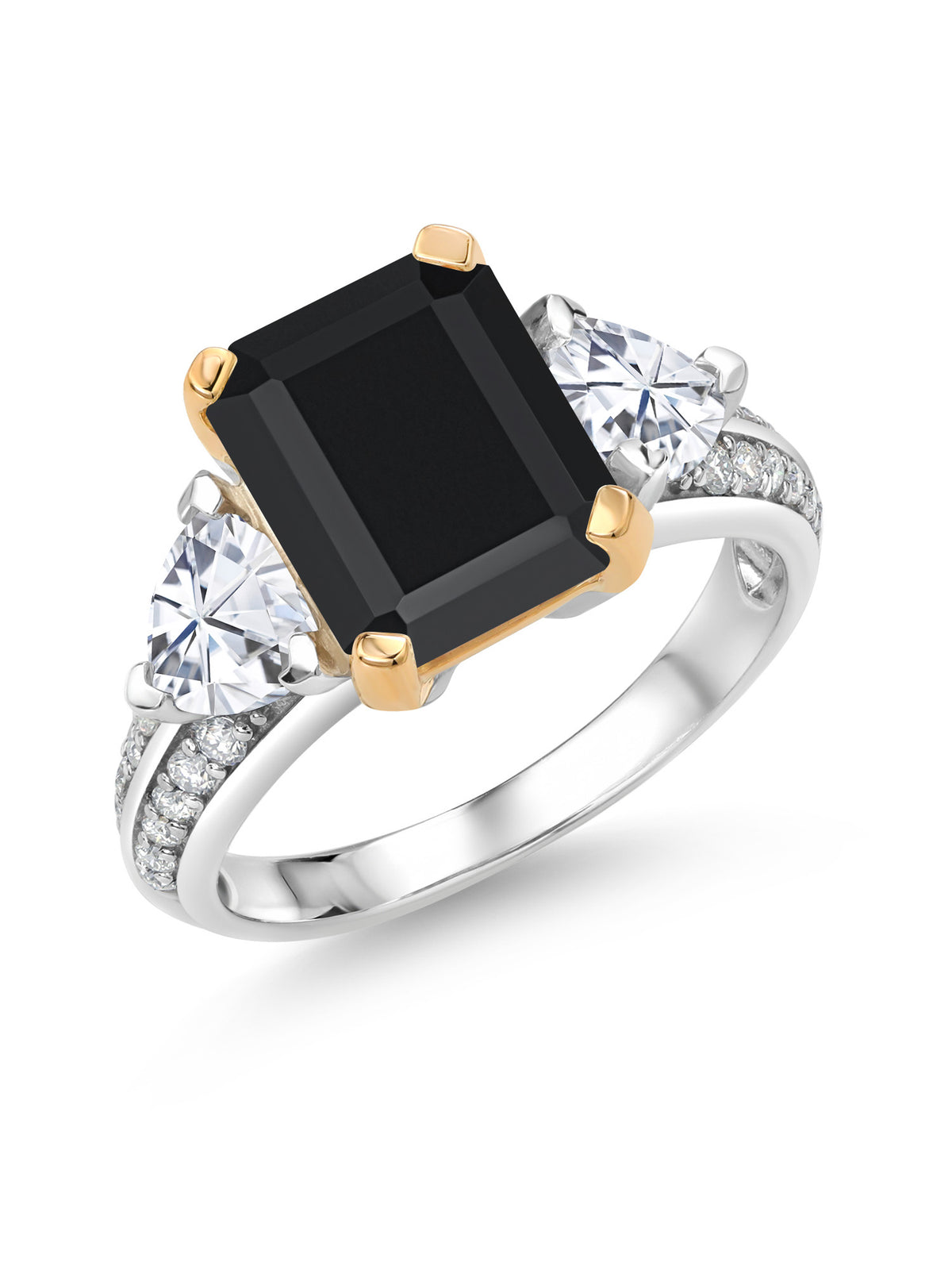 925 Sterling Silver and 10K Yellow Gold Black Onyx and White Moissanite 3 Stone Engagement Ring S848639