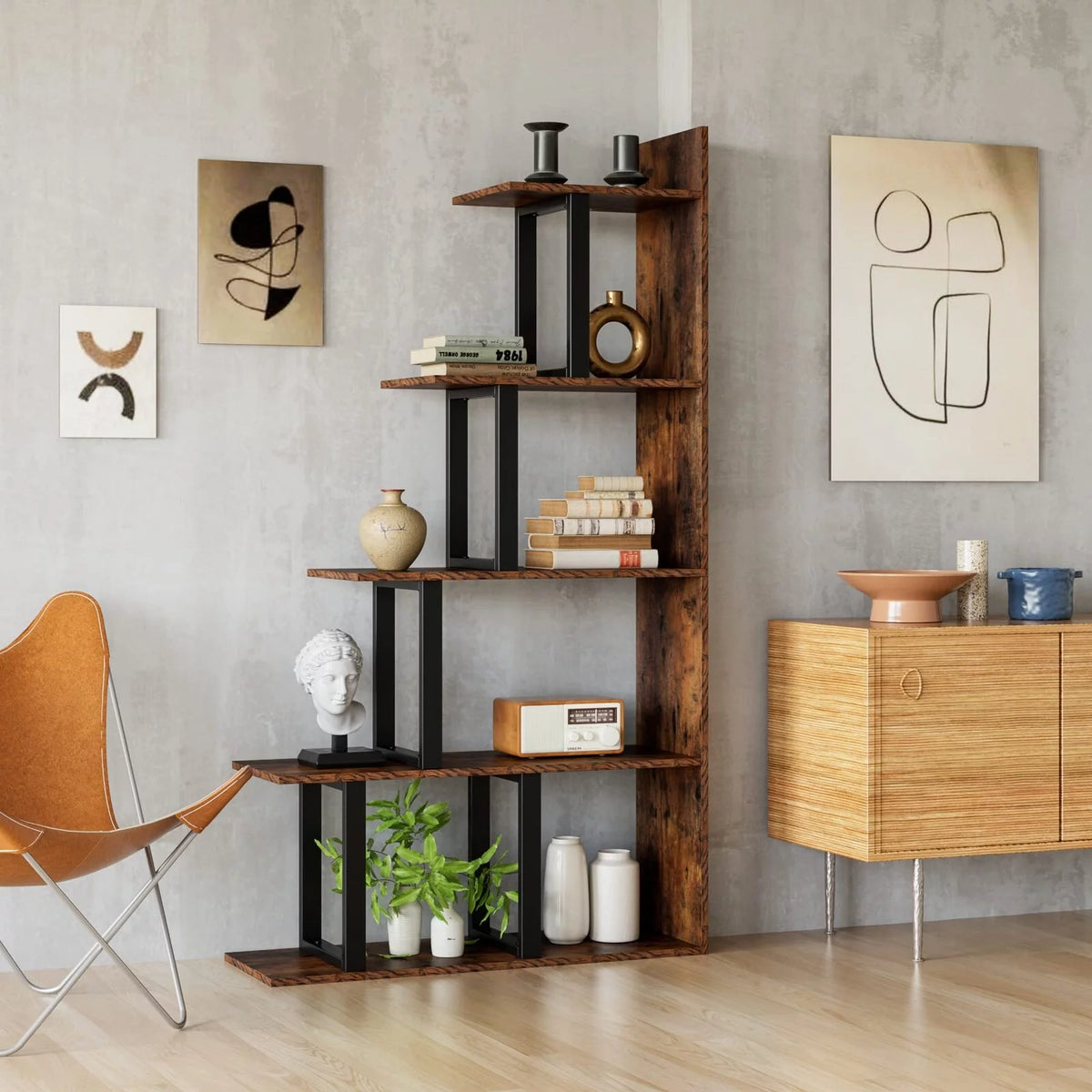 5 Tier Wooden Bookshelf with Metal Frame W53315