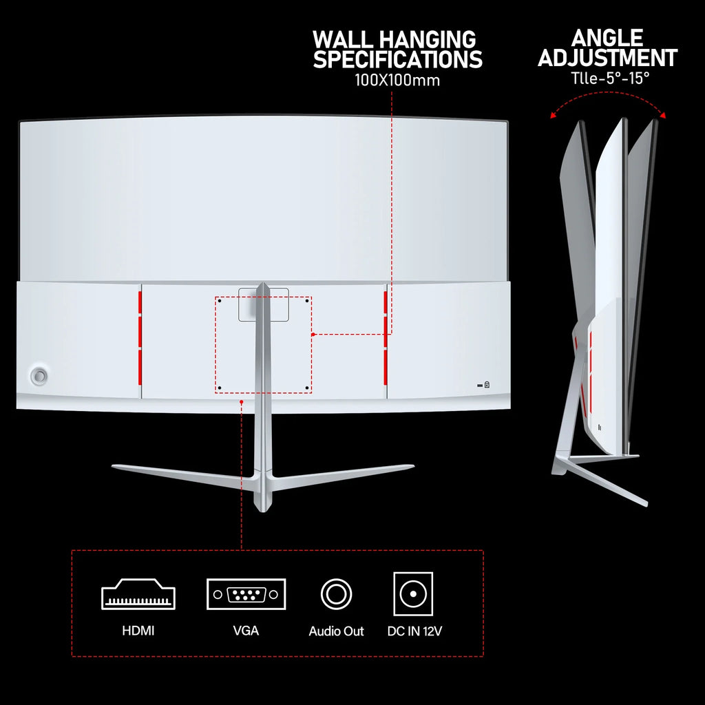27 Inch Curved Monitor 100hz White FHD 1080P 1800R Frameless Built-in Speakers HDMI D43300