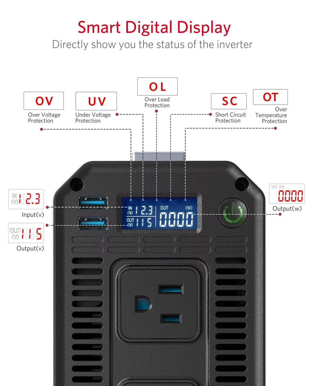1200W Power Inverter DC 12V to 110V AC Converter with LCD Display Dual USB Car Charger L303599
