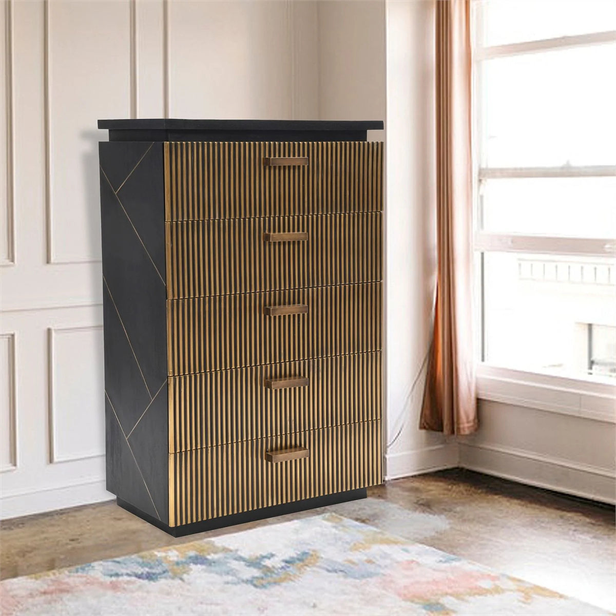 5-Drawer Wood Chest in Black/Gold O10691