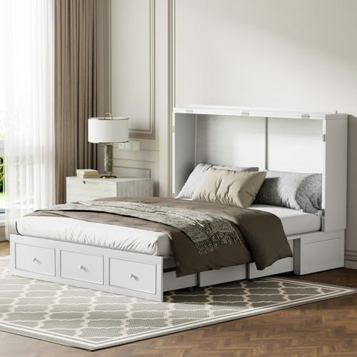 Grey Queen Murphy Bed with Foldable Mattress and Storage Drawer Z48007