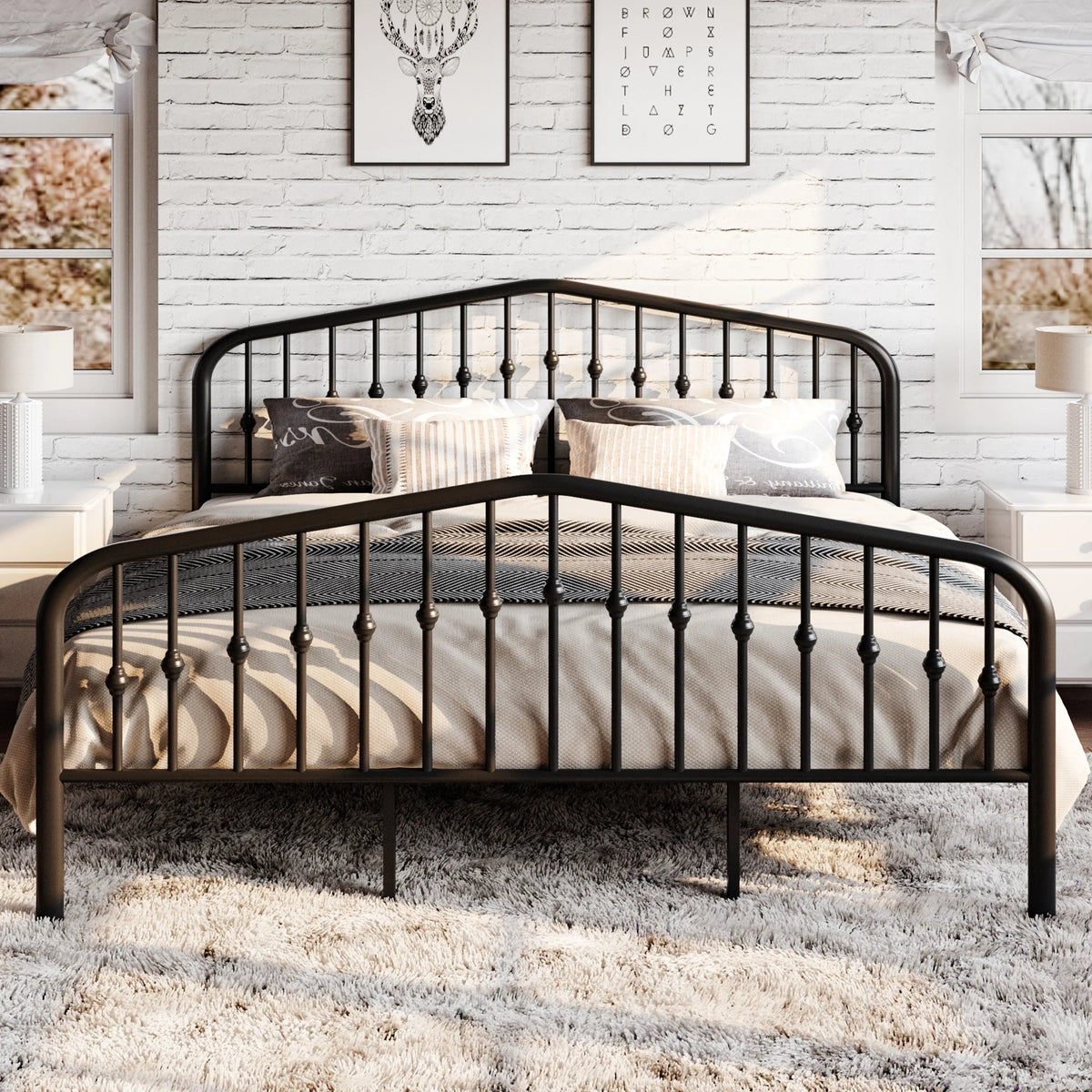 Black Queen Size Metal Platform Bed Frame with Headboard and Underbed Storage Z907