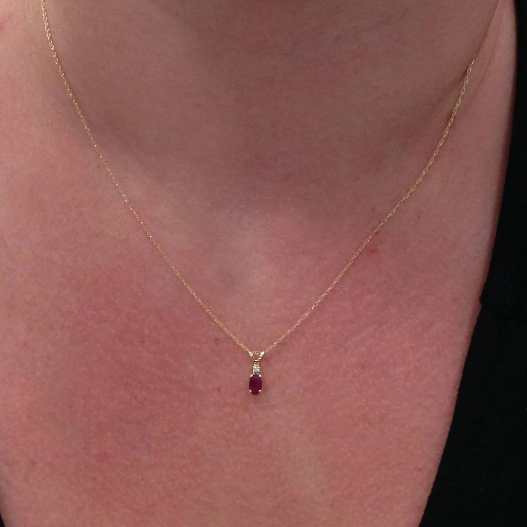 Oval Ruby & Diamond Solitaire Pendant 14 KT Yellow Gold With 18" Chain T911