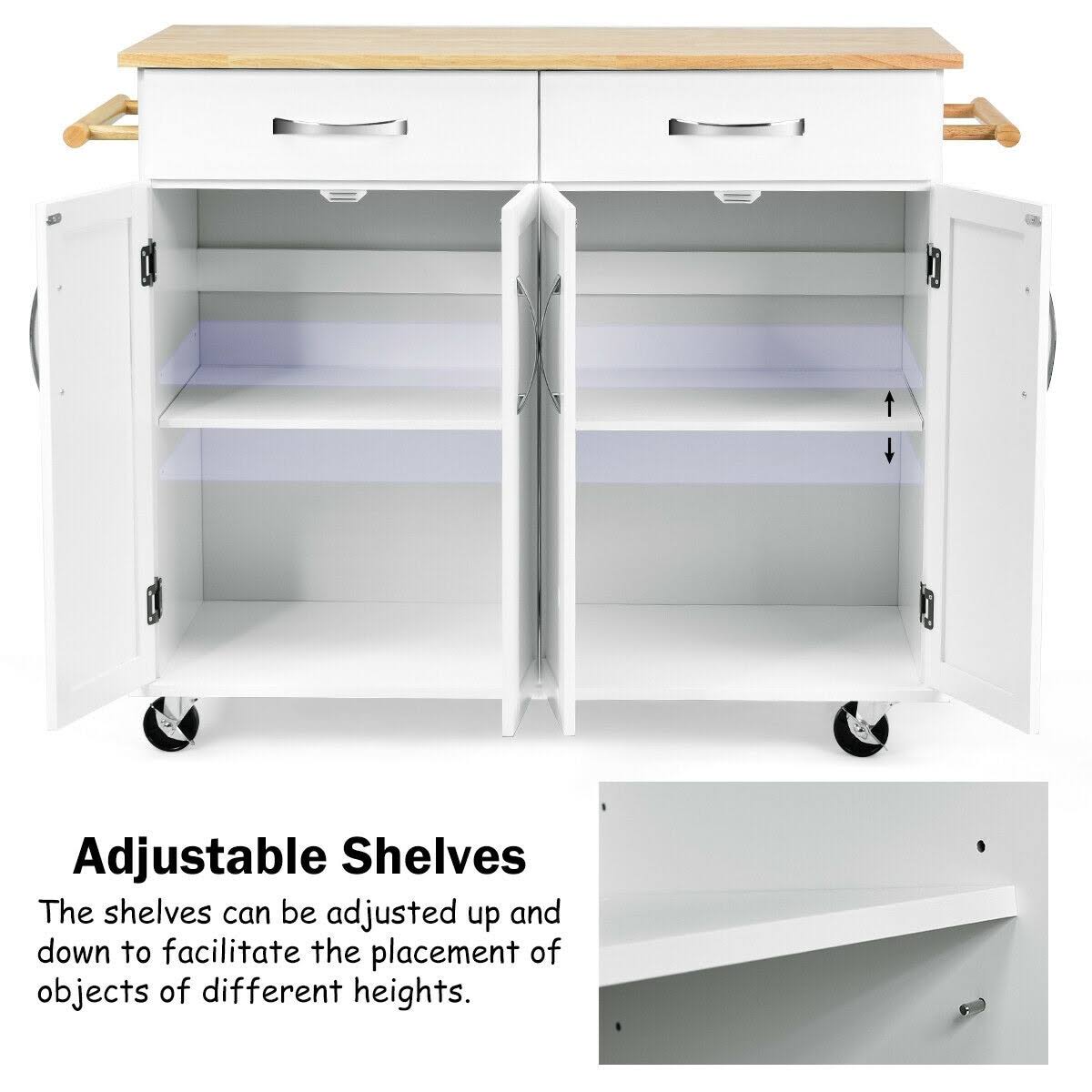 White Wood Top Rolling Kitchen Utility Cart D869
