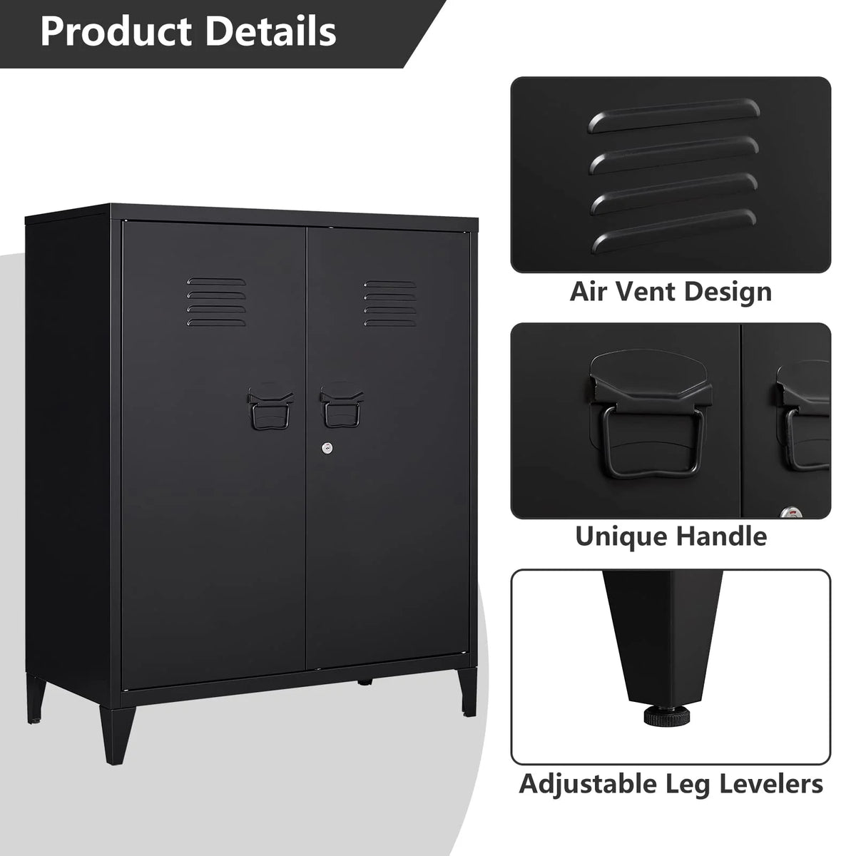 2 Door Metal Accent Cabinet with 2 Shelves, Black U68512