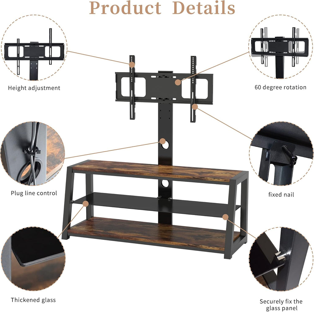 Angle and Height Adjustable Tempered Glass TV Stand, Black D285