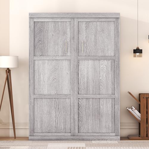 Gray Full Size Wood Murphy Bed with Shelves I8059