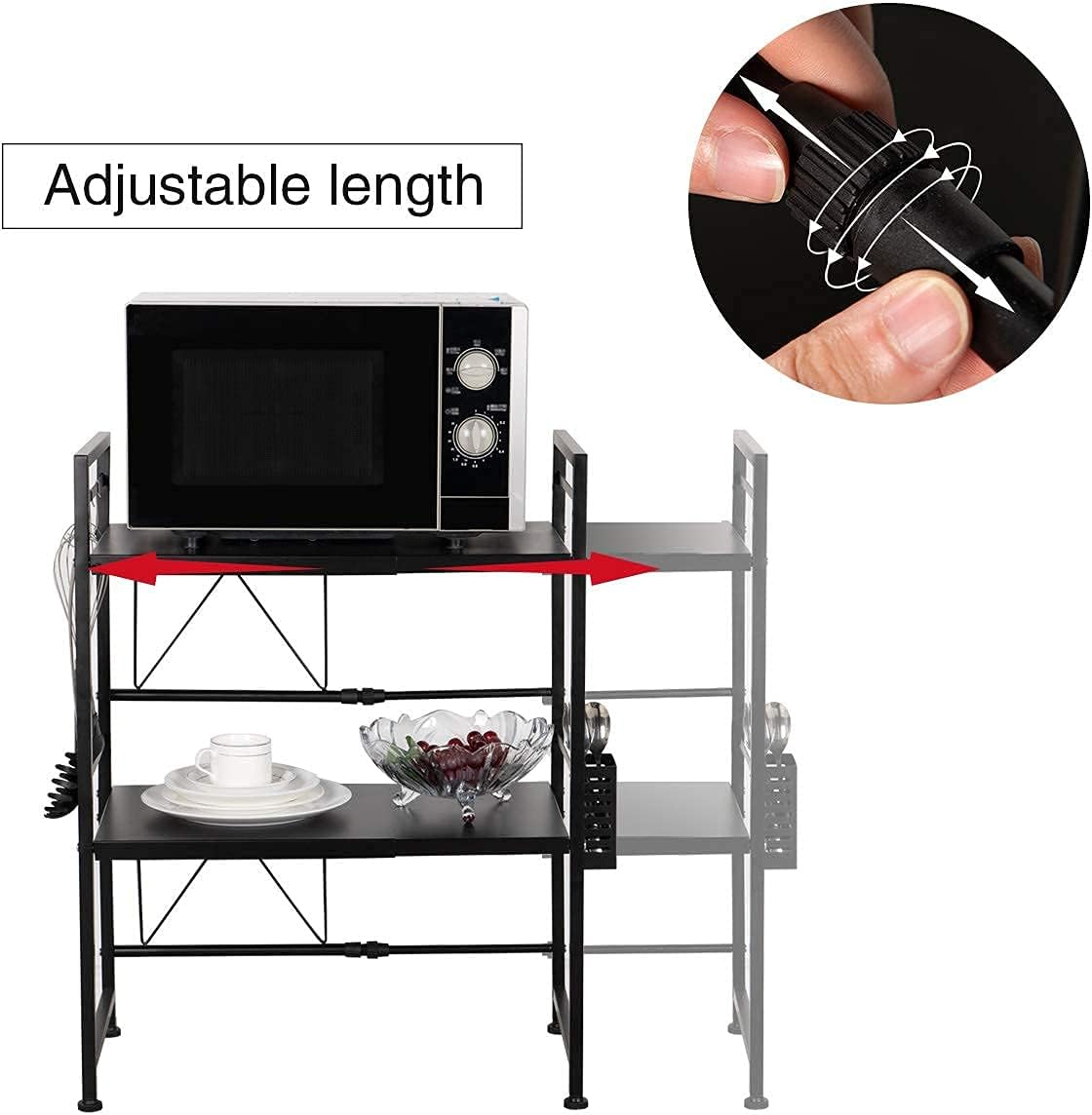 3-Tier Adjustable Heavy Duty Microwave Rack with 3 Hooks Carbon Steel Matte Black O62582
