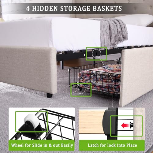 Full Size Upholstered Platform Bed with Button Tufted Storage Headboard and 4 Storage Drawers X233054