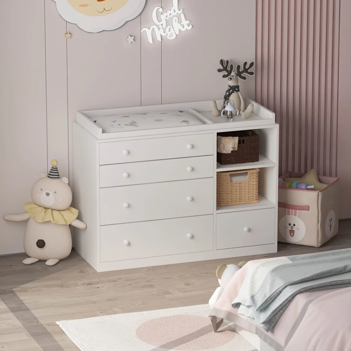 White 5 Drawer Baby Changing Table Dresser with Storage C411771