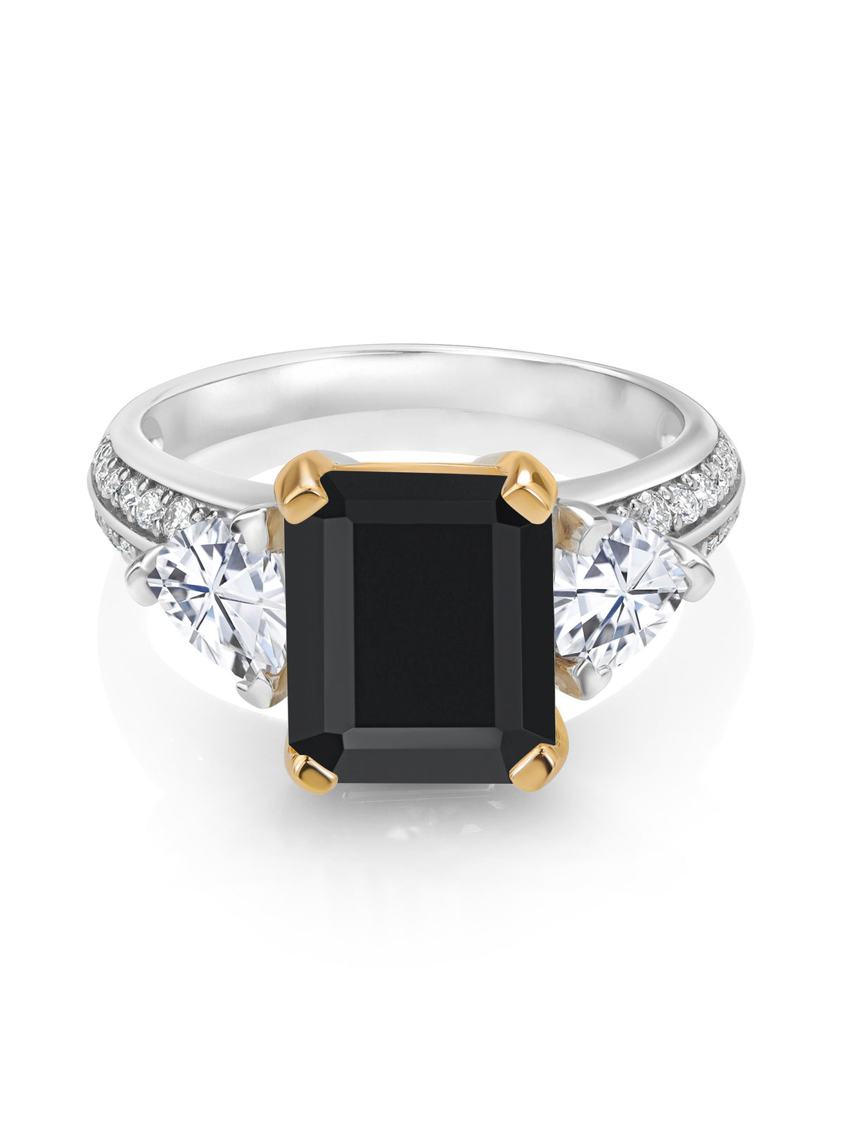 925 Sterling Silver and 10K Yellow Gold Black Onyx and White Moissanite 3 Stone Engagement Ring S848639