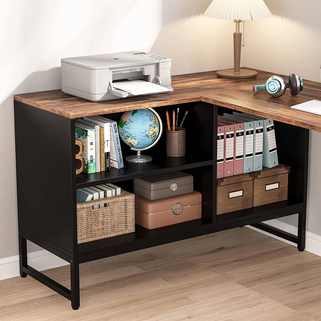 L Shaped Desk with File Cabinet 59 inch Black Rustic Brown E48078