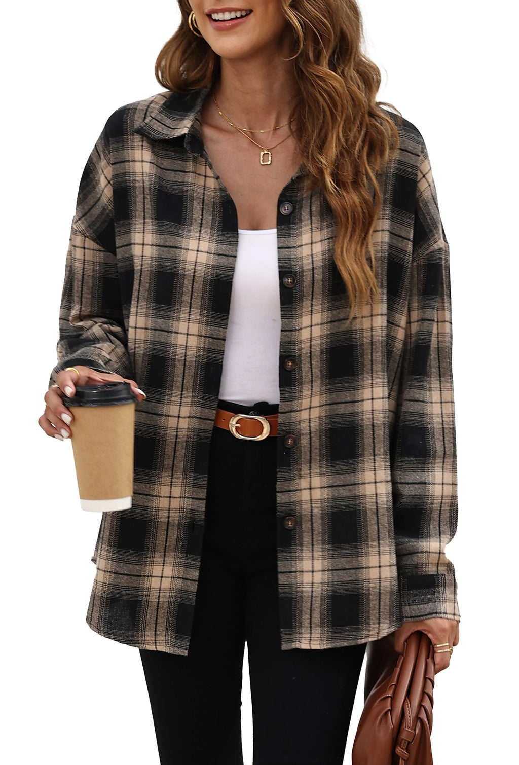Plaid Flannel Oversized Long Sleeve Button Down Shirt S580651