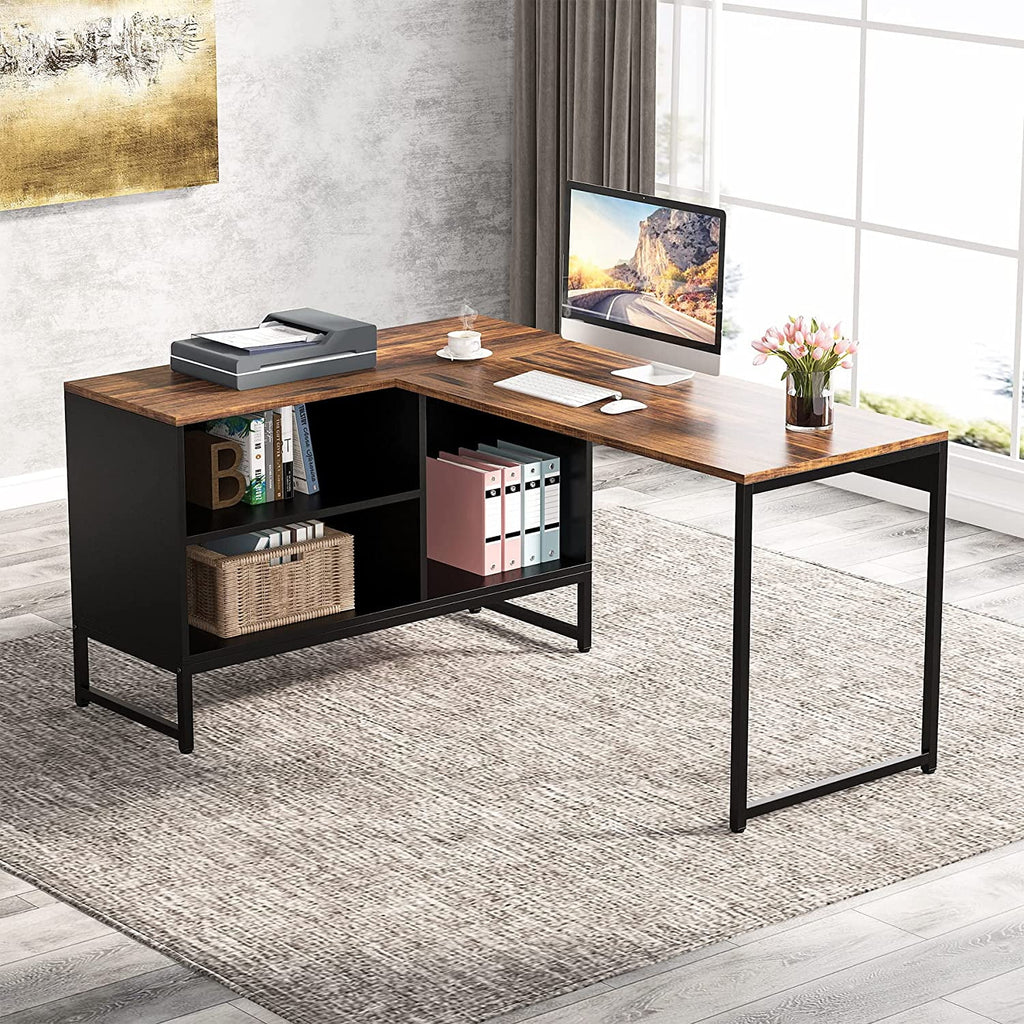 L Shaped Desk with File Cabinet 59 inch Black Rustic Brown E48078