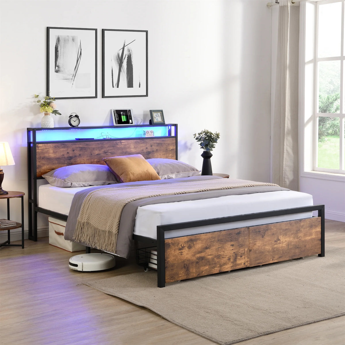 Full Size Platform Bed Frame with LED Lights & 2 Drawers O85104