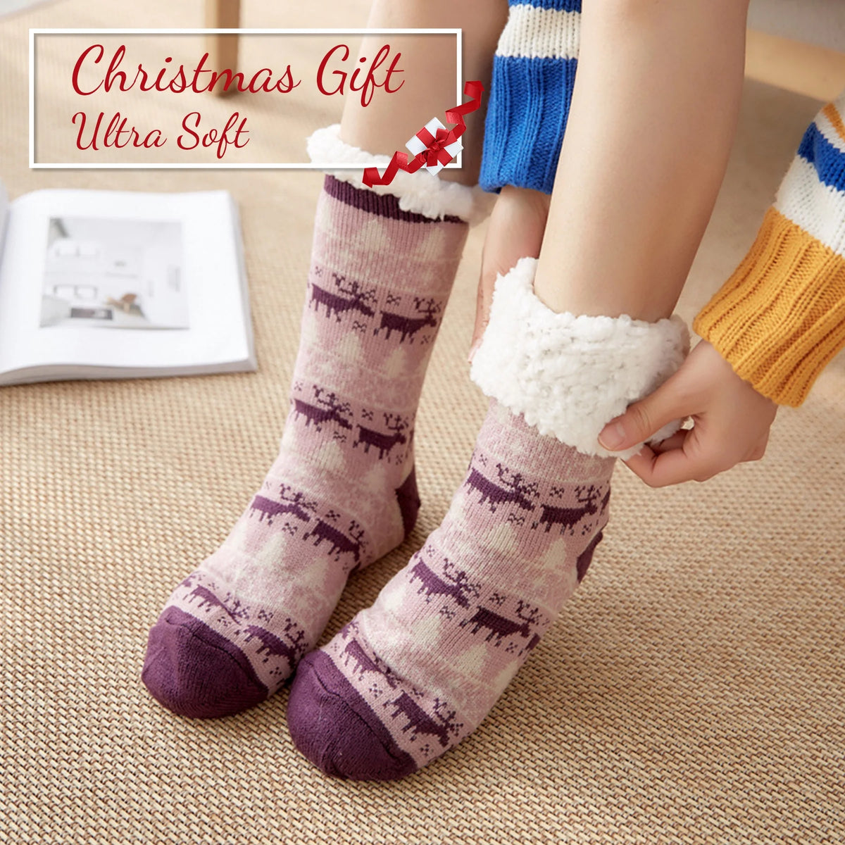 3 Pairs Non Skid Warm Thermal Plush Fuzzy Slipper Socks C297