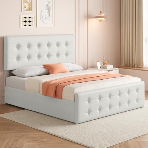 Black Queen Size Faux Leather Upholstered Platform Bed Frame with 4 Storage Drawers and Headboard I191931