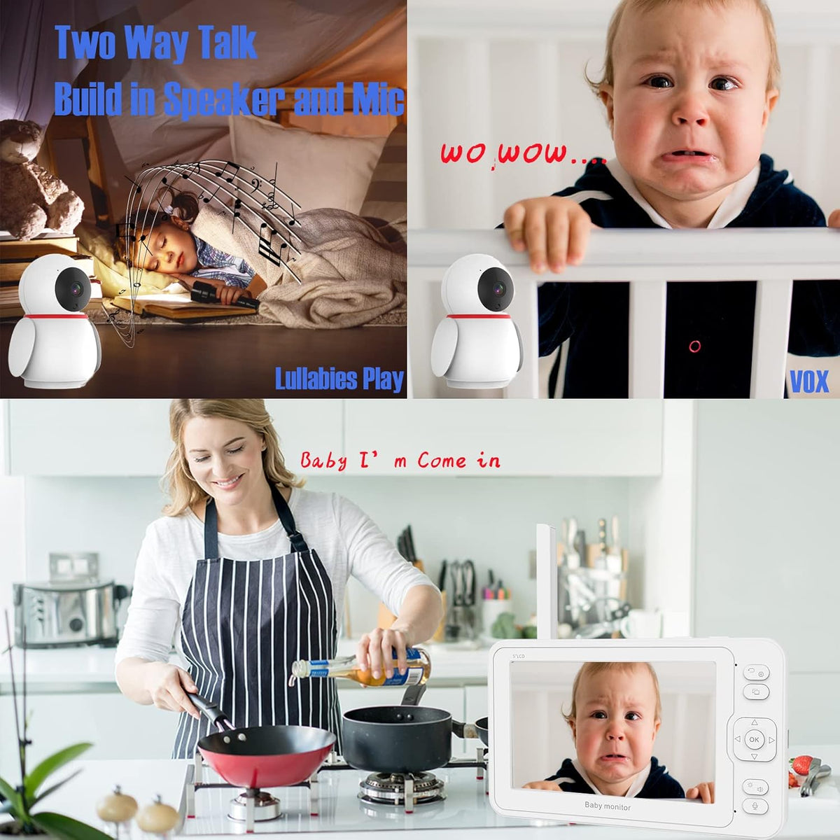 Baby Monitor with Camera and Audio, 5 HD Monitors, No WiFi/App, Night Vision, Sound and Temperature Detection, Twist Mount O5932