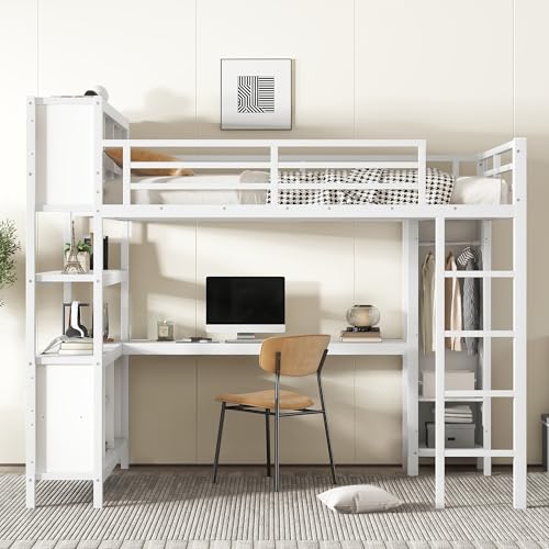 Queen Size Black Metal Loft Bed with Desk and Wardrobe H114353