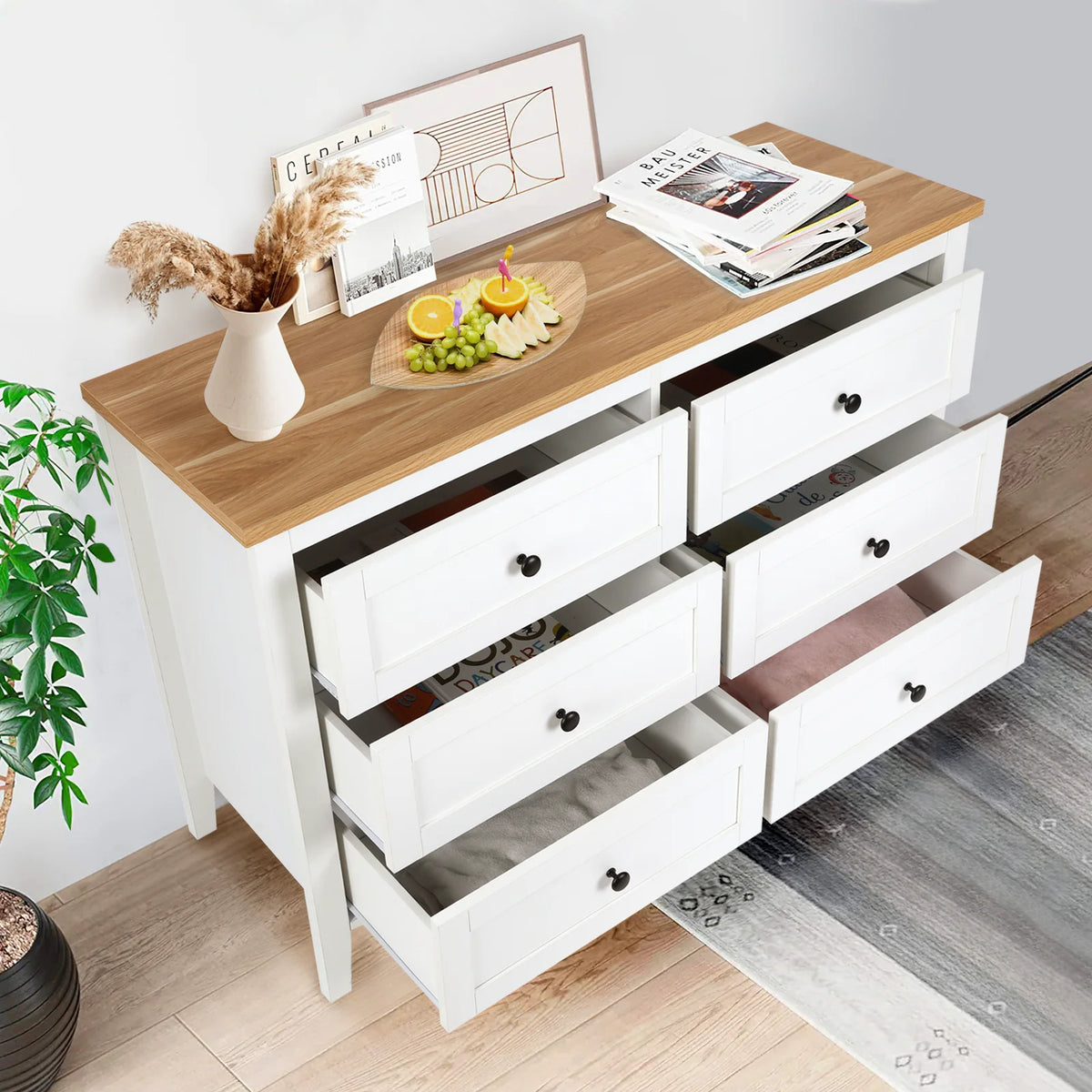 White 6 Drawer Wood Dresser with Metal Knobs Y931865