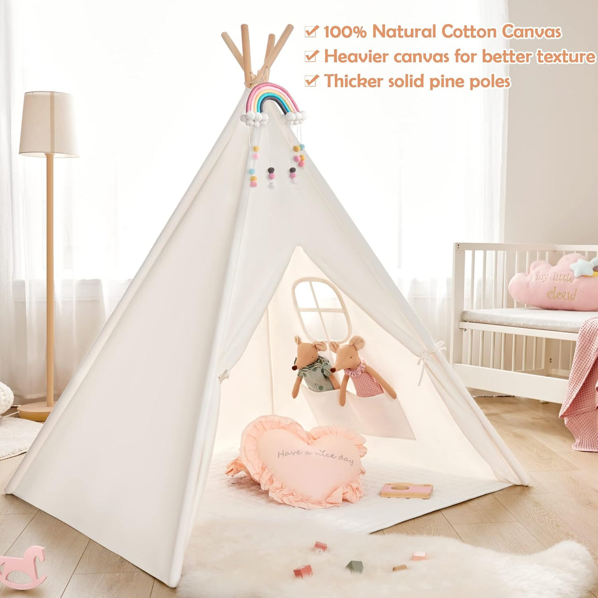 White Canvas Kids Teepee Tent with Padded Mat & Carry Case H852