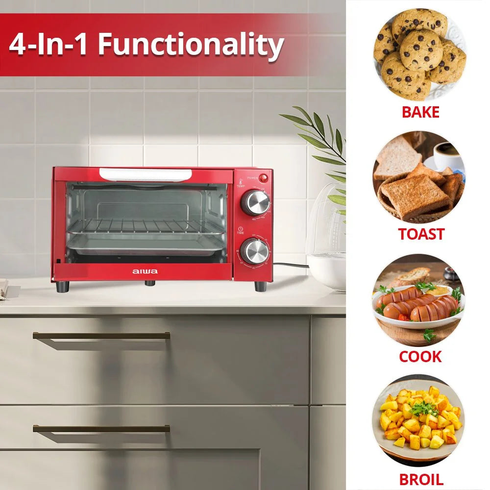 750W Red 4 Slice Toaster Oven with Baking Tray V24357