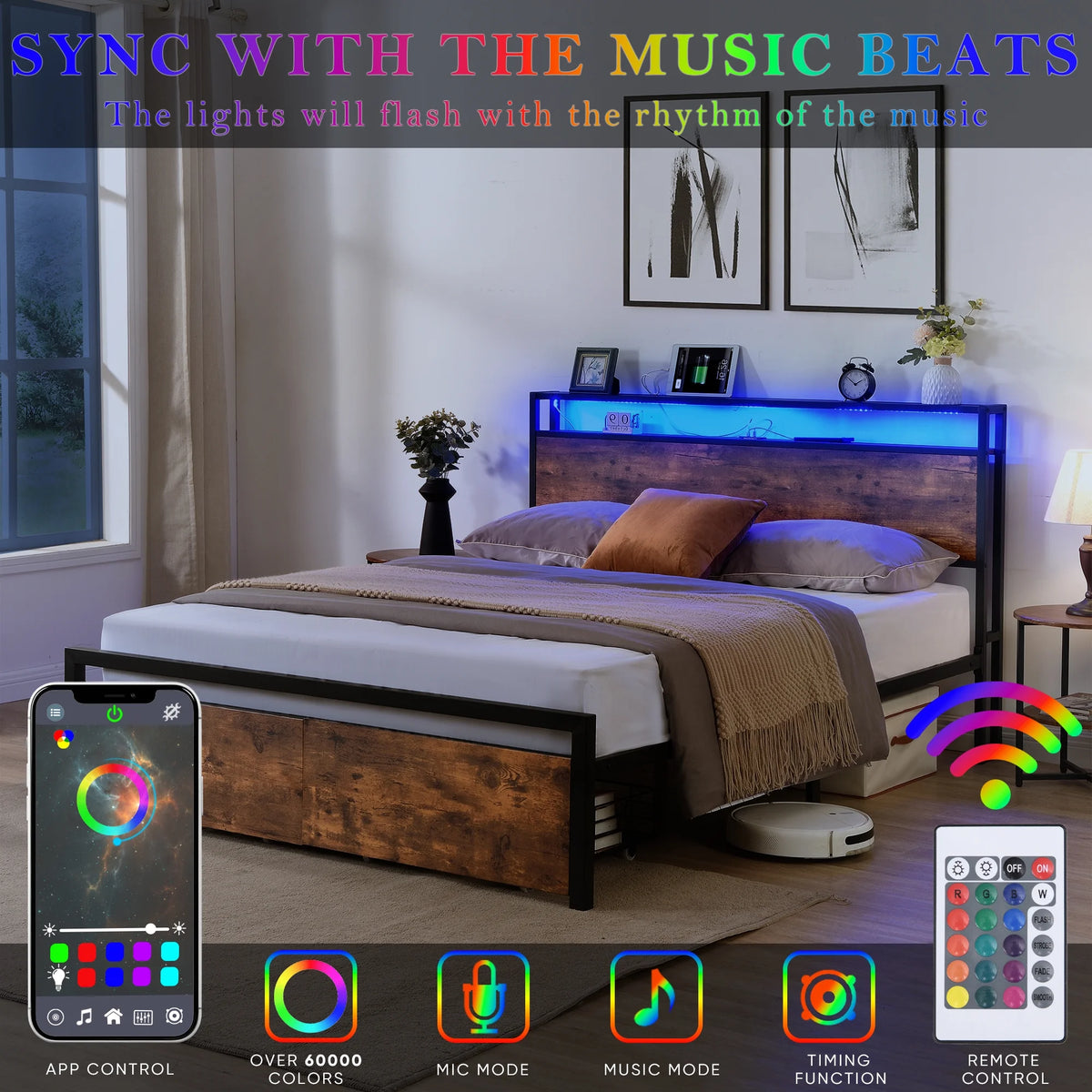 Full Size Platform Bed Frame with LED Lights & 2 Drawers O85104
