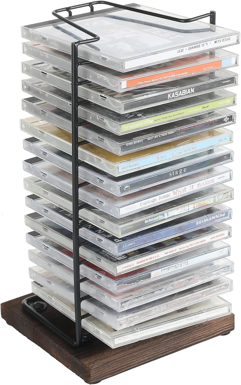 Matte Black Metal Wire Vertical CD Holder with Burnt Wood Base, Holds 15 Jewel Cases U6598