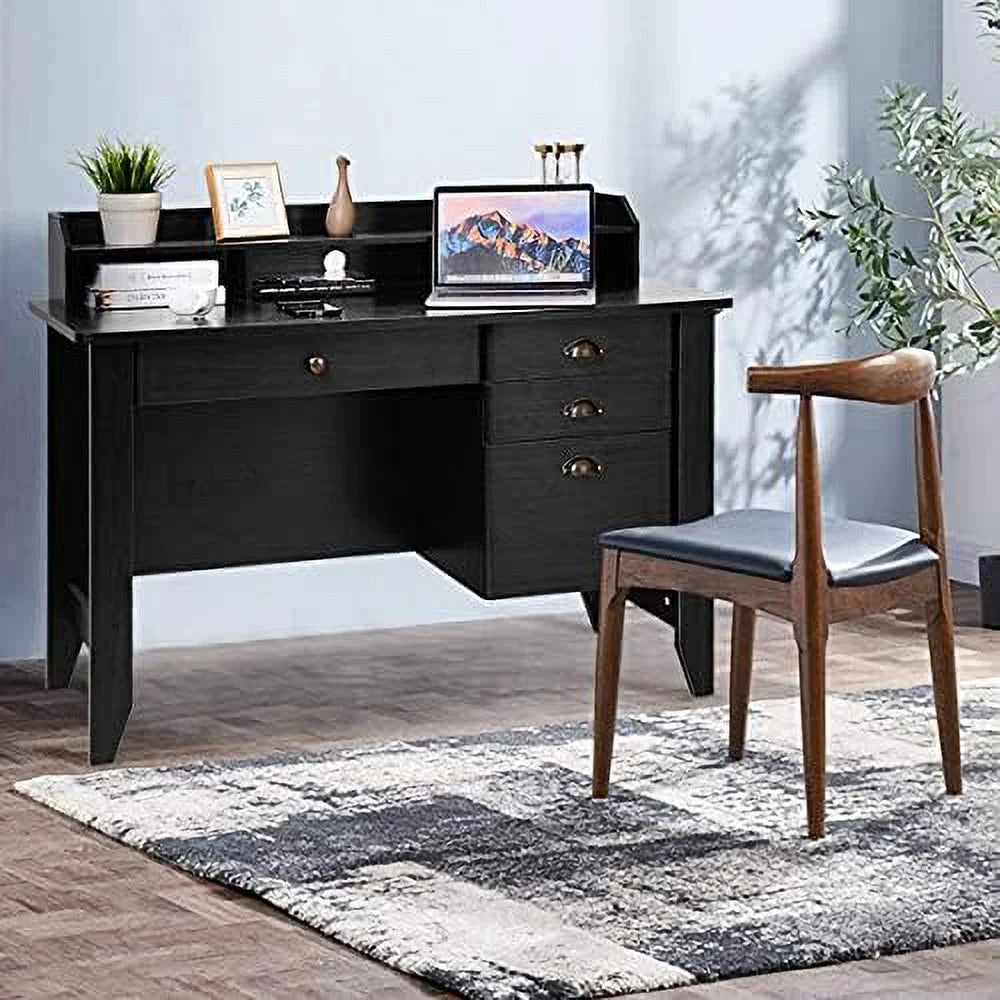 Brown Wooden Computer Desk with 4 Drawers and Bookshelf Q833