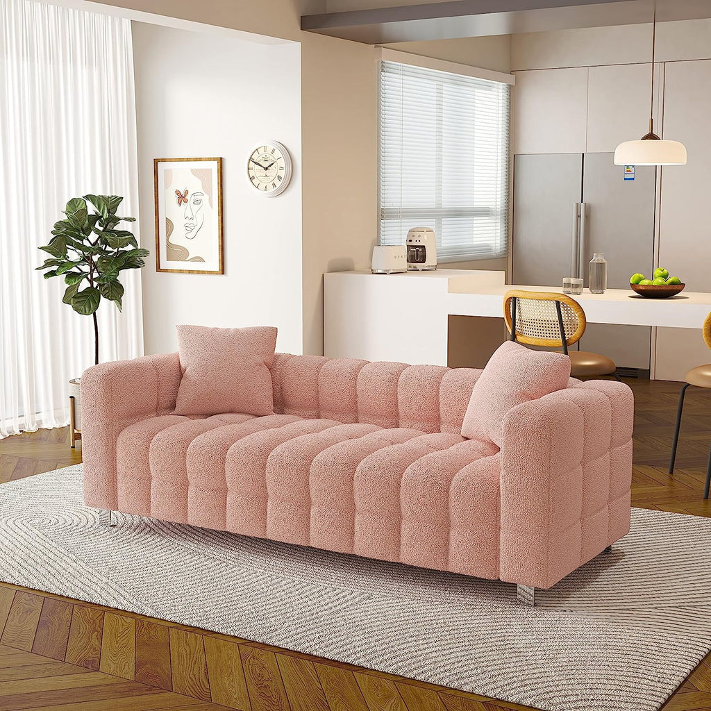 80" Pink Teddy Velvet 3 Seater Couch with Two Pillows U2692