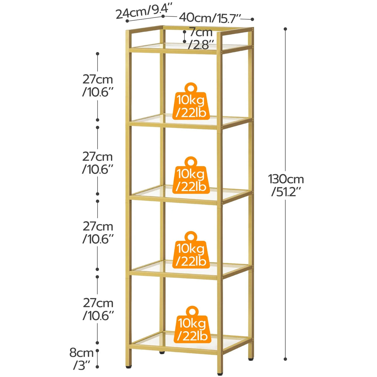 5-Tier Gold Bookcase with Tempered Glass Shelves I9454