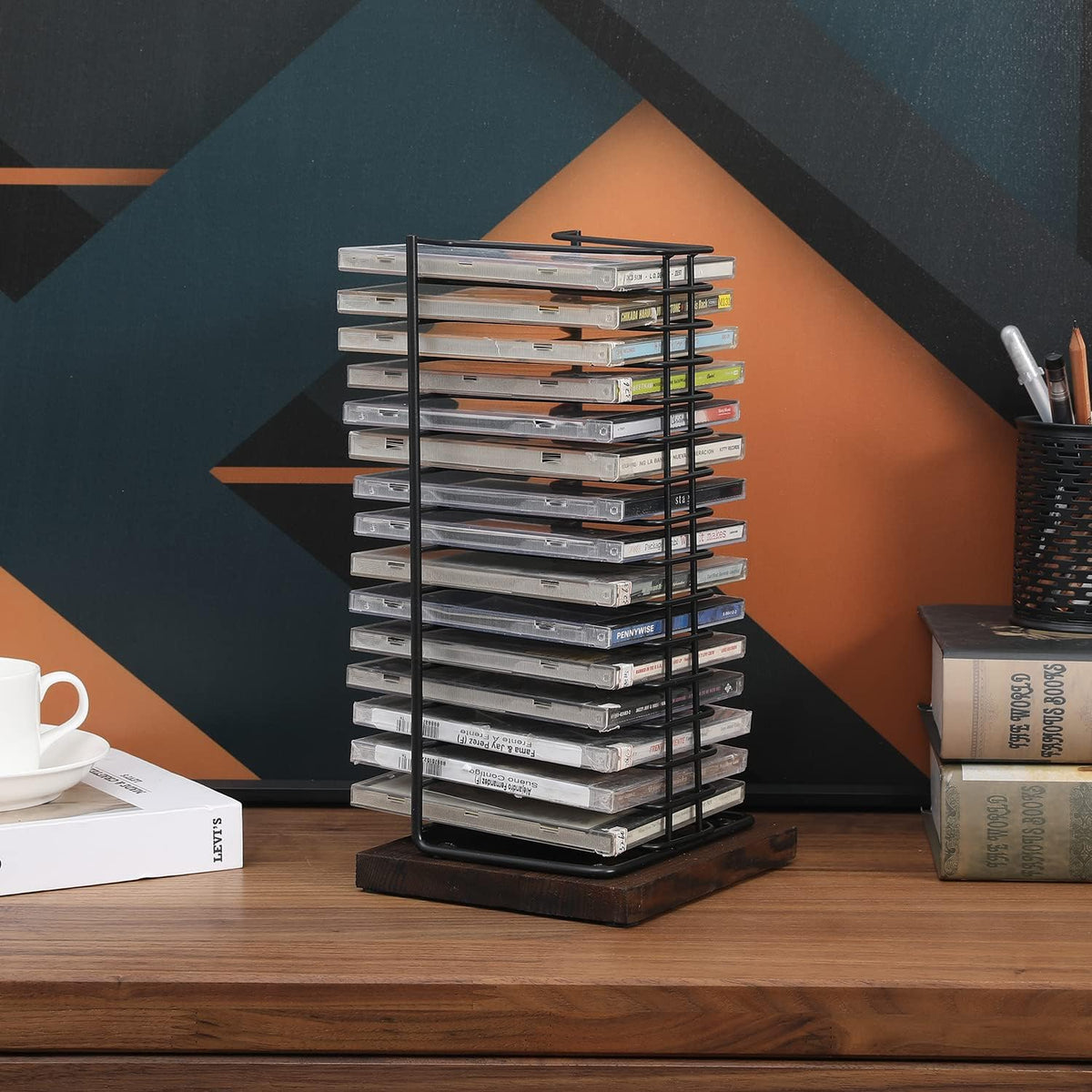 Matte Black Metal Wire Vertical CD Holder with Burnt Wood Base, Holds 15 Jewel Cases U6598