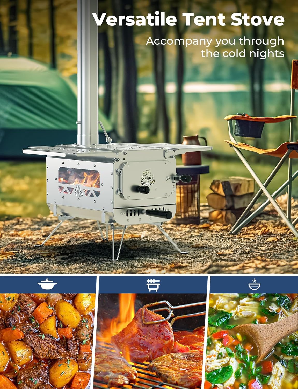 Portable Stainless Steel Tent Stove with 6 Chimney Pipes Y859483