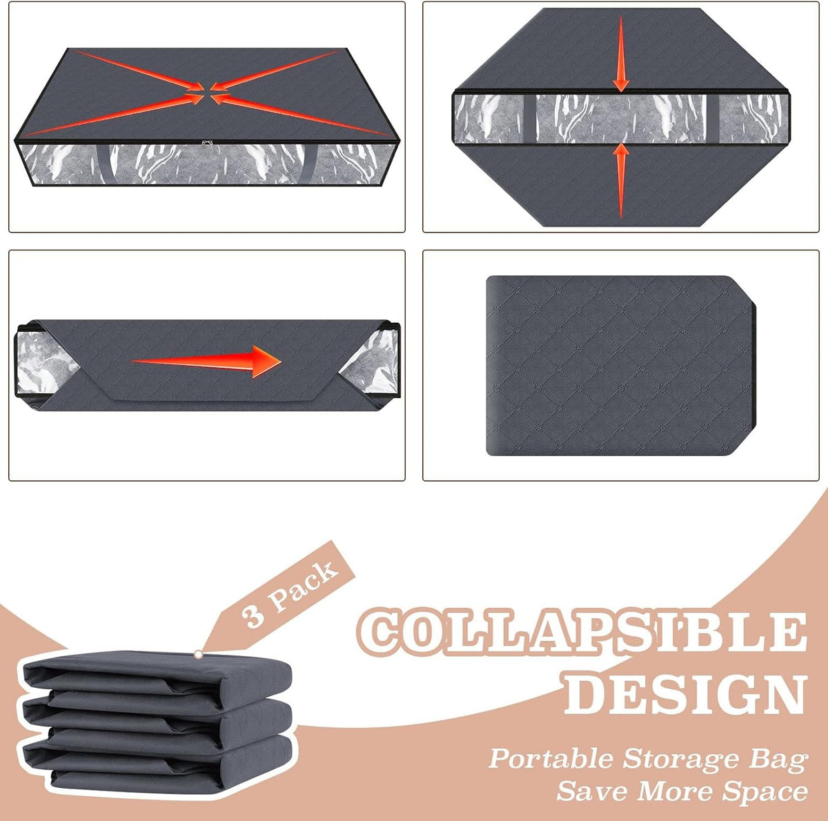 90L 3 Pack Grey Foldable Storage Bins with Durable Handles I421496