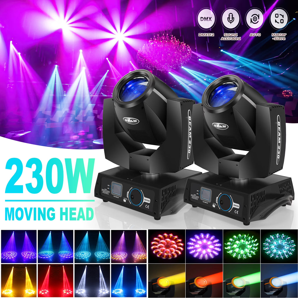 2 Pack 230W Beam Moving Head Light 8 Prisms 17 Gobos RGBW LED DJ Lighting 16CH DMX Control N3376