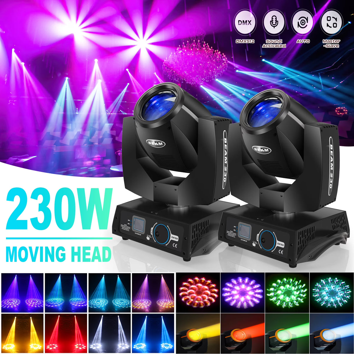 2 Pack 230W Beam Moving Head Light 8 Prisms 17 Gobos RGBW LED DJ Lighting 16CH DMX Control N3376