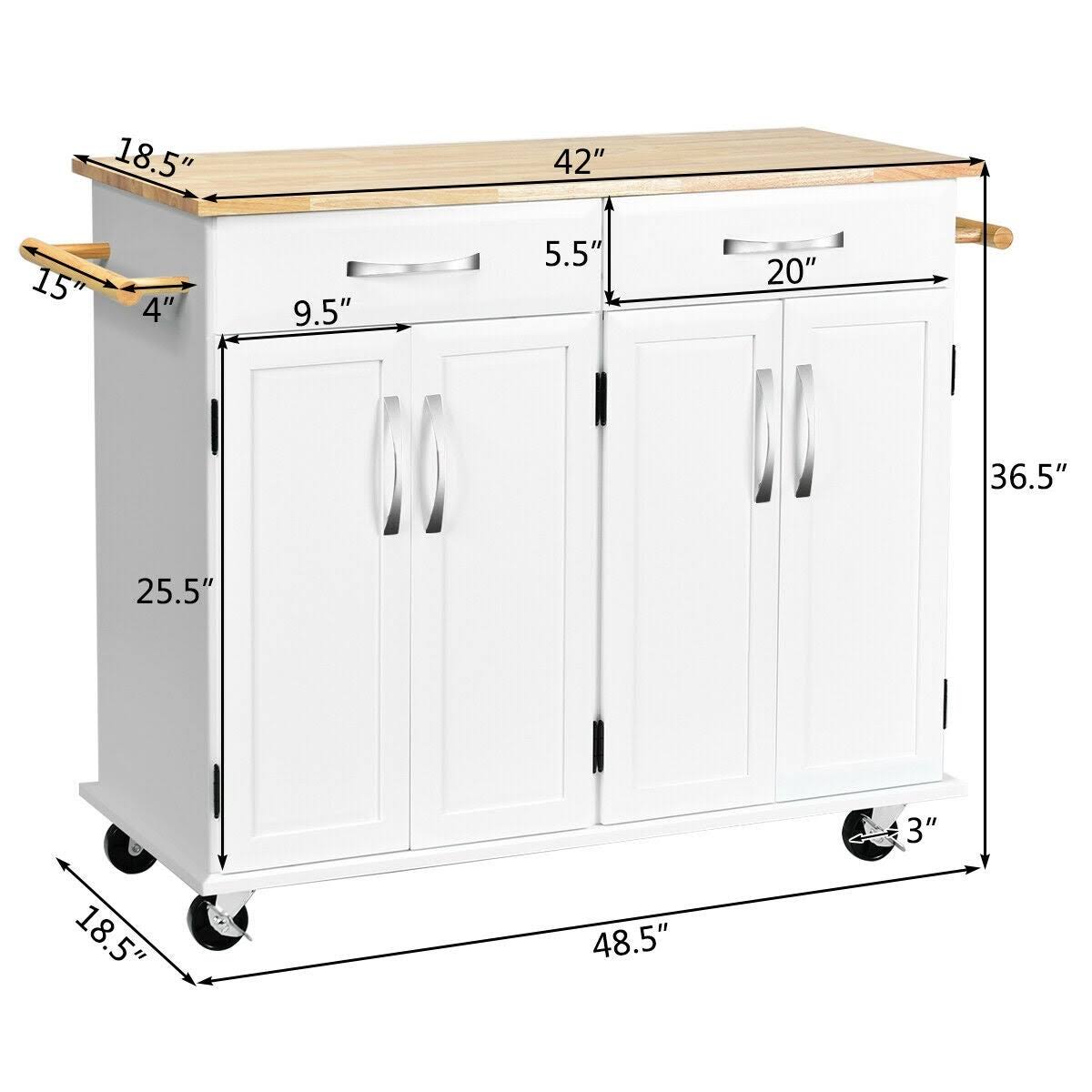White Wood Top Rolling Kitchen Utility Cart D869