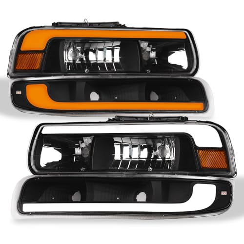 Sequential LED Strip Tube Bar Black Housing Crystal Headlights With Signal Bumper Lamps Amber Reflector 4-Pieces M992388