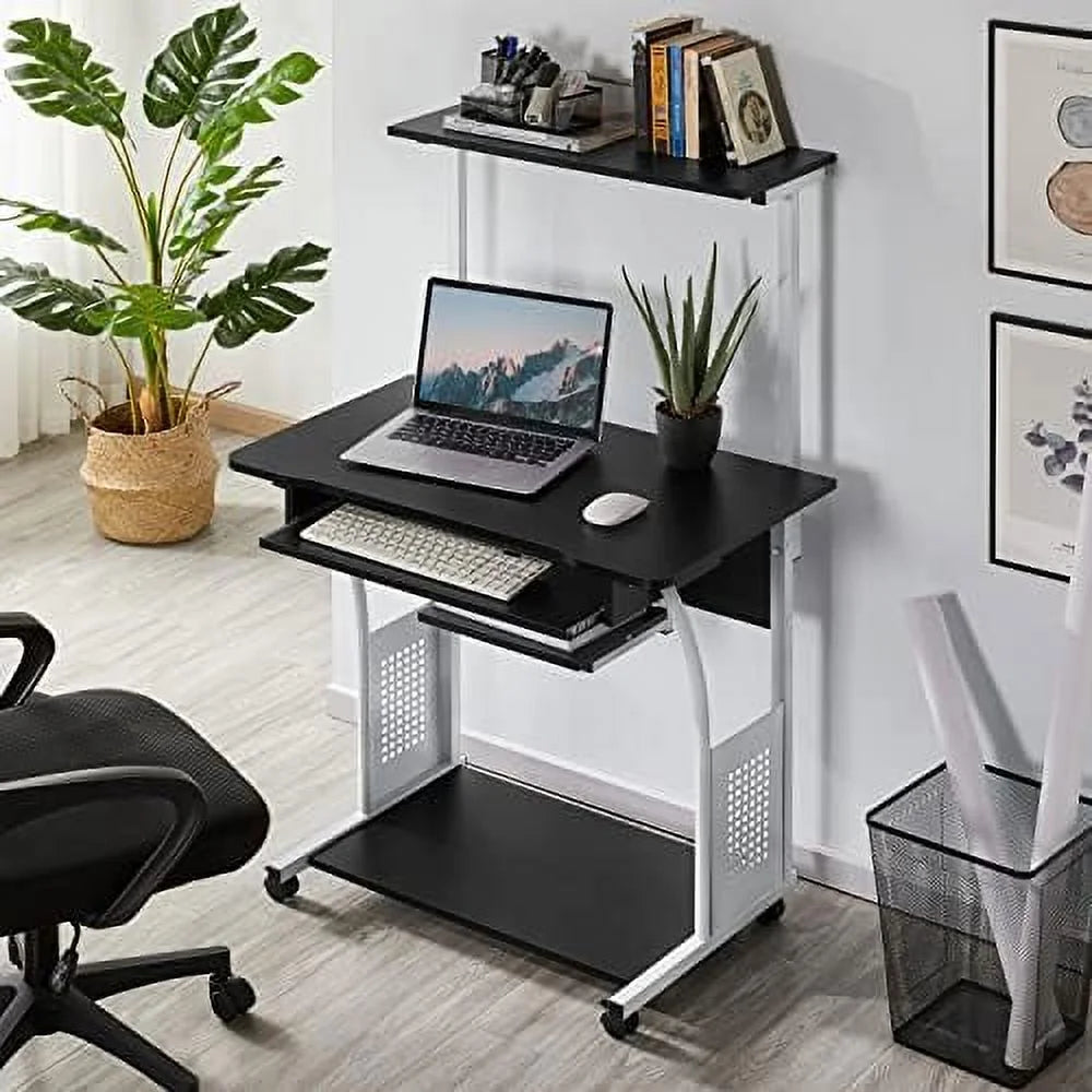 Black 3 Tier Computer Desk with Printer Shelf and Keyboard Tray I78109