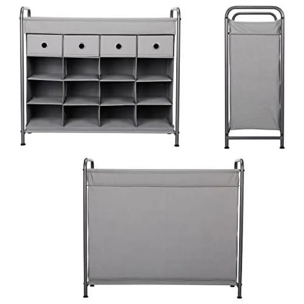 Grey 16 Cubby Shoe Rack Organizer with 4 Drawers B594