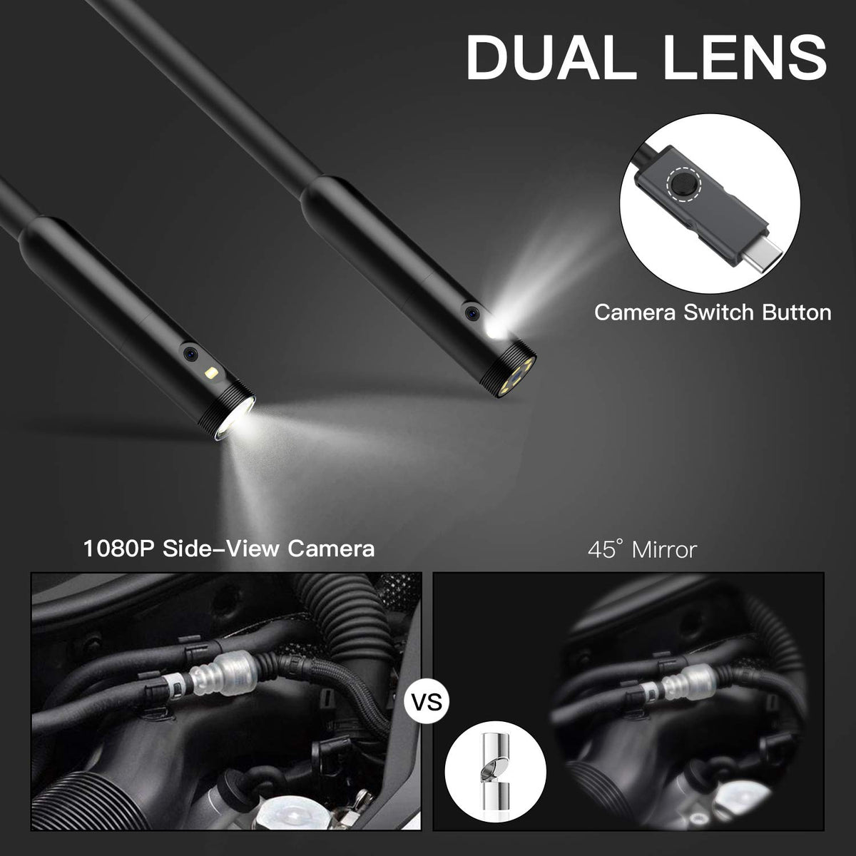 Dual Lens Borescope Inspection Camera with Light, HD Waterproof 1080p D71890