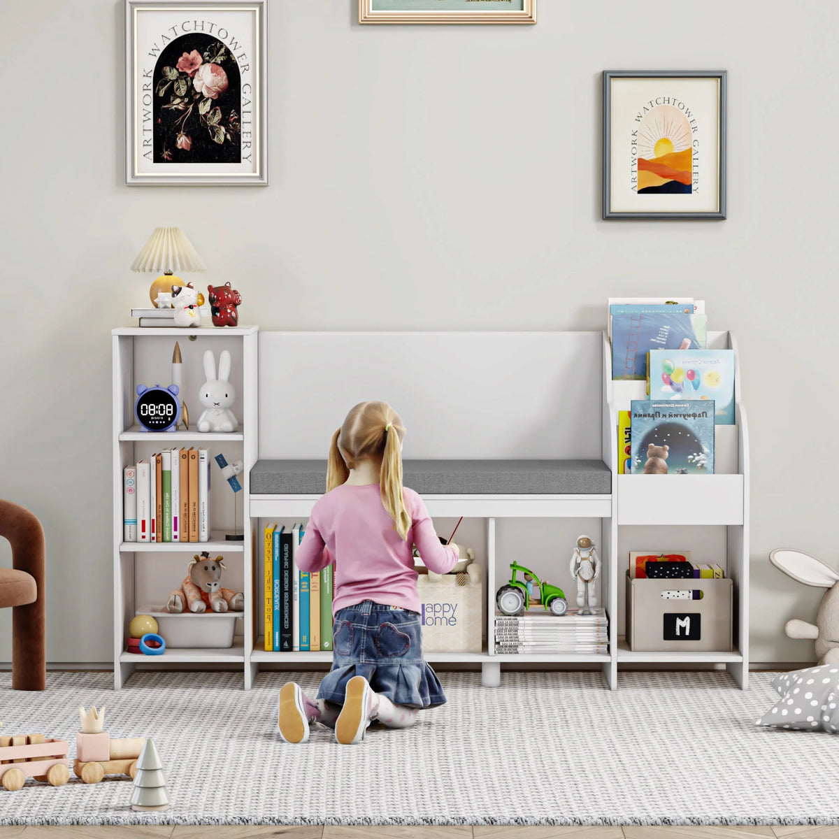 White Kids Bookshelf with Reading Nook F758