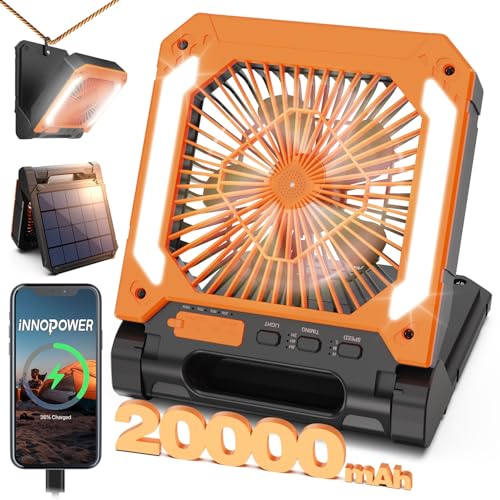 20000mAh Portable Rechargeable Fan with Solar Panel, 3 Speeds, LED Lantern, Timer, USB-C, Green D364