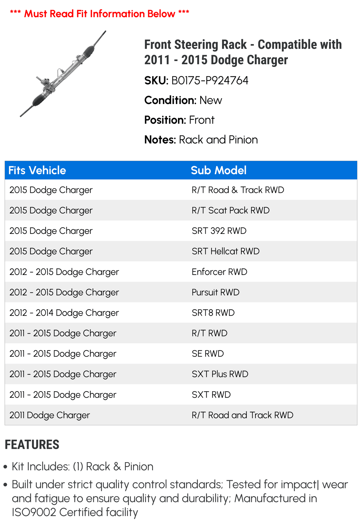 Steering Rack Compatible with 2011-2015 Dodge Charger T994
